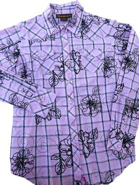 WeSTeRN Ariat Pink Black Pearl Snap Shirt Velvet Floral Metallic Plaid Peaked